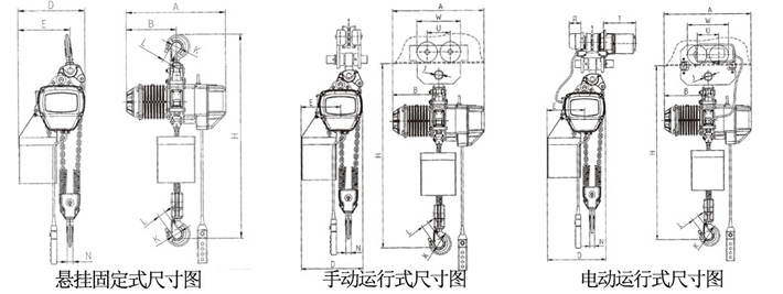 1噸雙鏈環鏈電動葫蘆結構尺寸圖片